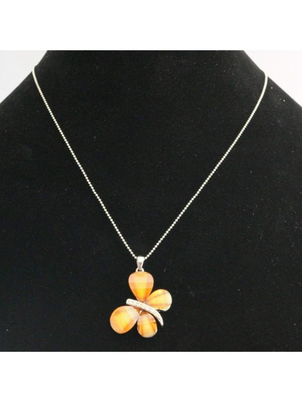 Butterfly Pendant Necklace Rhinestone Amber Tone Wings Silver Chain 16–19"